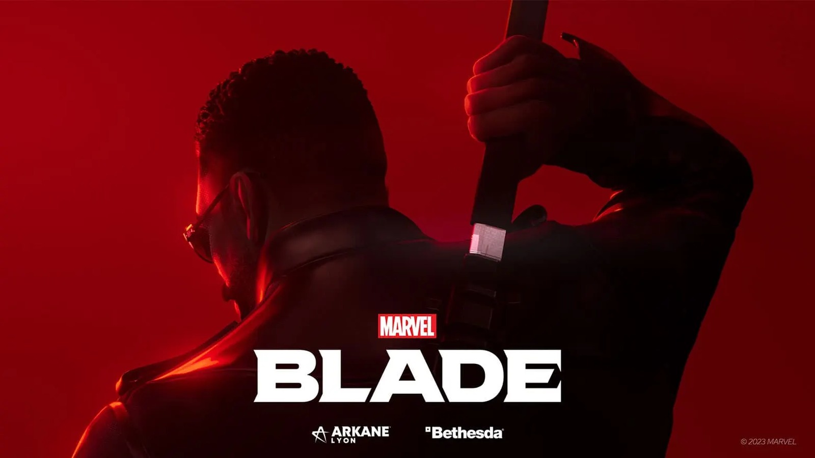 Official key art for Marvel's Blade showing the character from behind against a deep red background, with Arkane Lyon and Bethesda logos