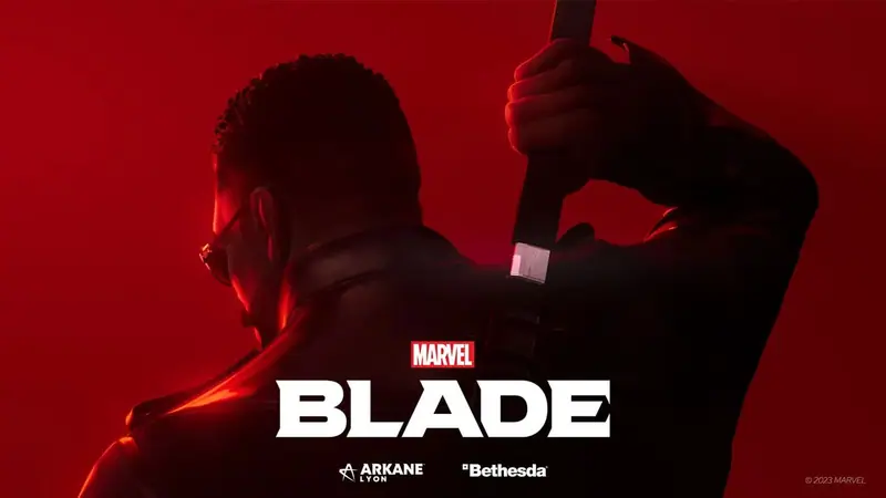 Official key art for Marvel's Blade showing the character from behind against a deep red background, with Arkane Lyon and Bethesda logos