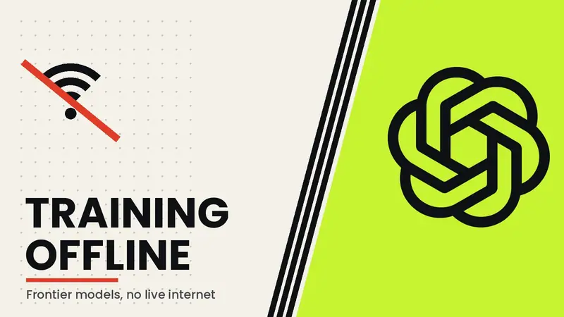 Graphic with a crossed-out wifi symbol and the words Training offline beside the OpenAI logo on a lime green panel
