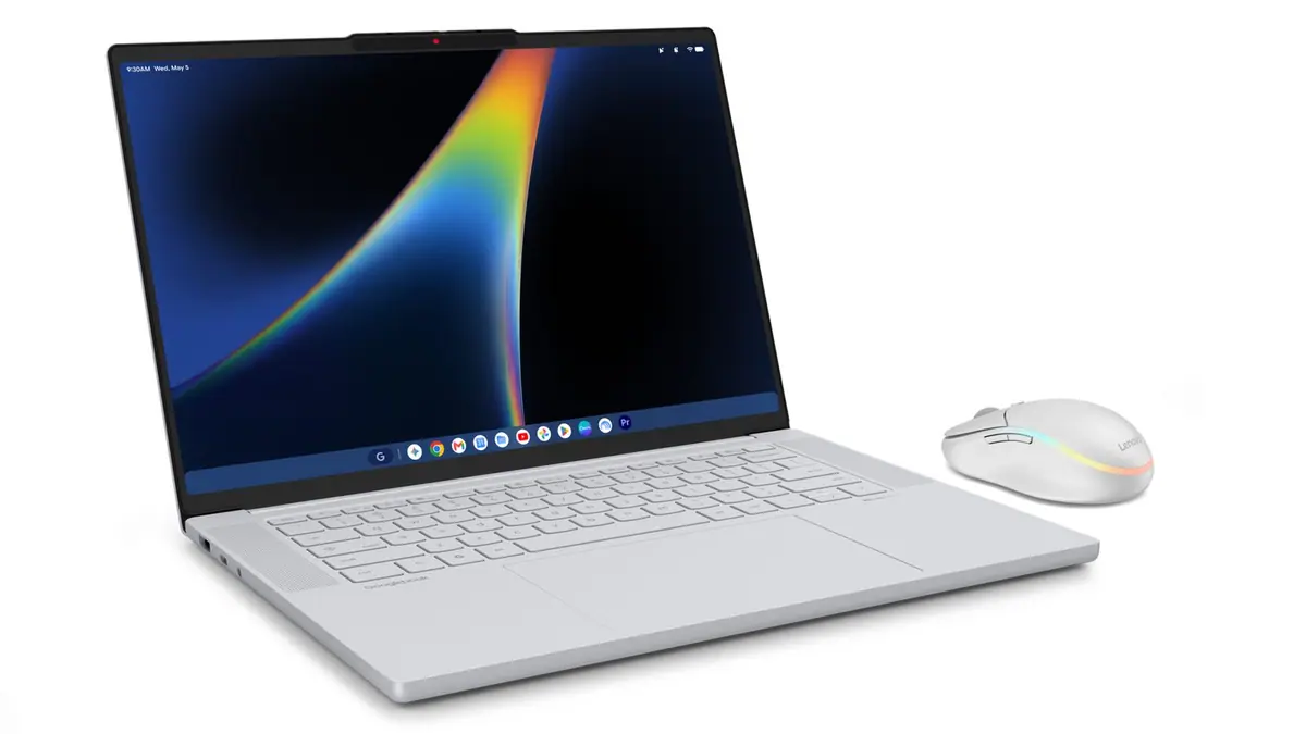 Lenovo Googlebook 15 laptop open at an angle beside the white Lenovo wireless mouse with a rainbow light strip