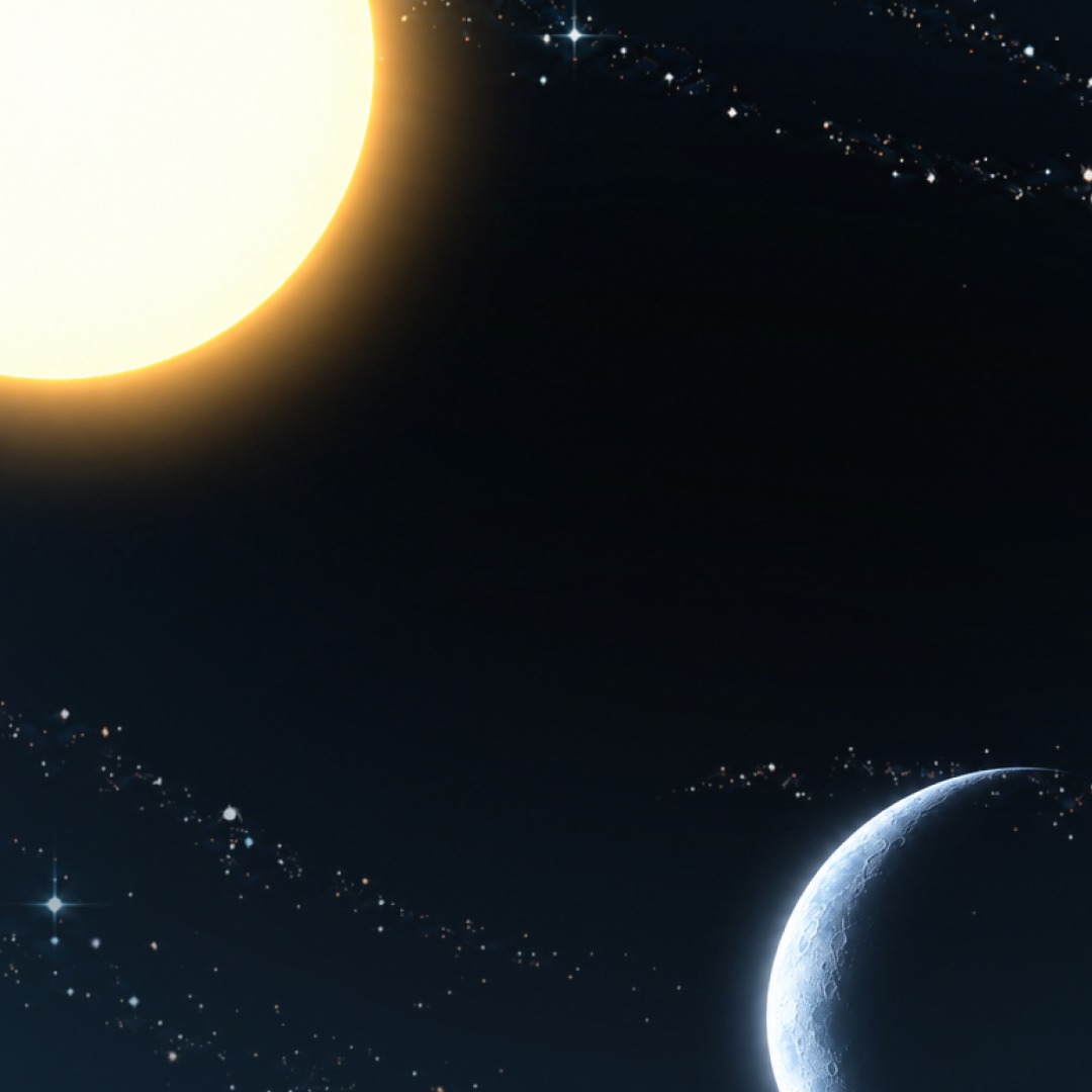 OpenAI artwork for its GPT-6 Sol and Luna models: a bright sun and a crescent moon against a starry sky