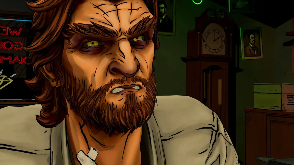 Bigby Wolf, the scowling sheriff of Fabletown, in a close-up screenshot from The Wolf Among Us Remastered beside a grandfather clock