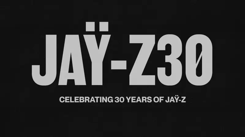 Official JAŸ-Z30 tour artwork: white block lettering on black reading Celebrating 30 Years of JAŸ-Z