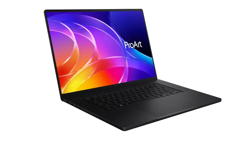 ASUS ProArt P16 (H7607) laptop with a colourful ProArt wallpaper on its OLED screen