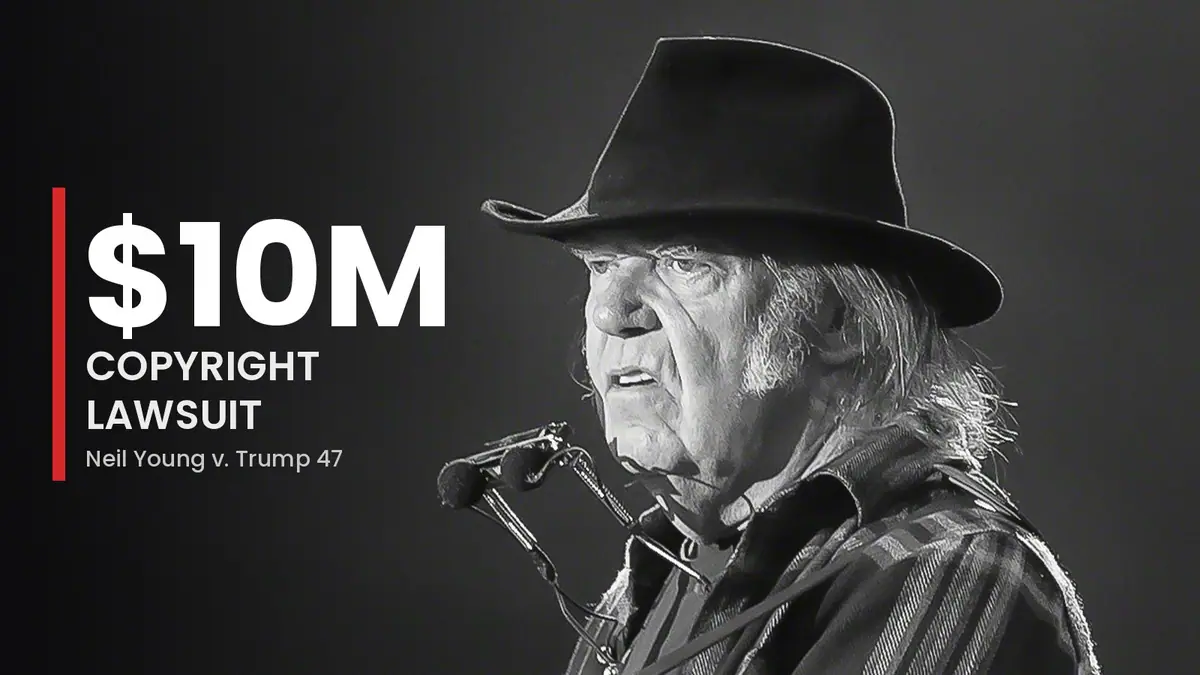 Black-and-white photo of Neil Young in a wide-brimmed hat at a microphone, beside the text $10M copyright lawsuit