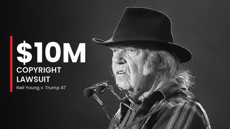 Black-and-white photo of Neil Young in a wide-brimmed hat at a microphone, beside the text $10M copyright lawsuit