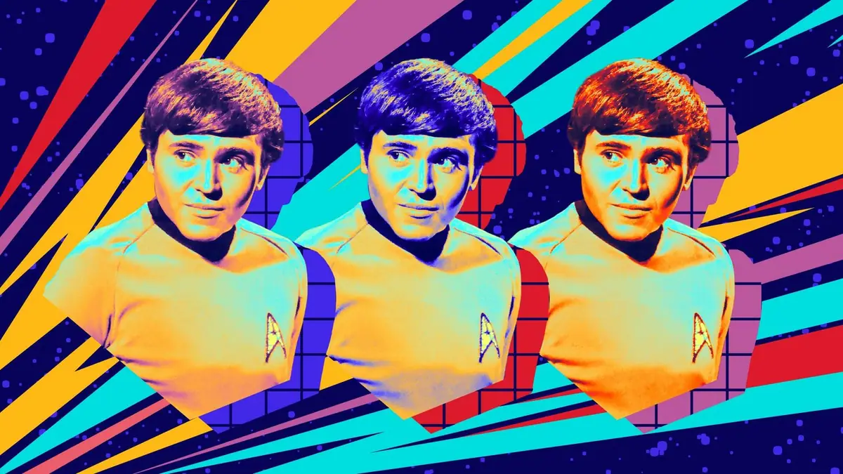 Stylized pop-art collage of Walter Koenig as Ensign Chekov in a gold Starfleet uniform, repeated three times against a colorful striped background