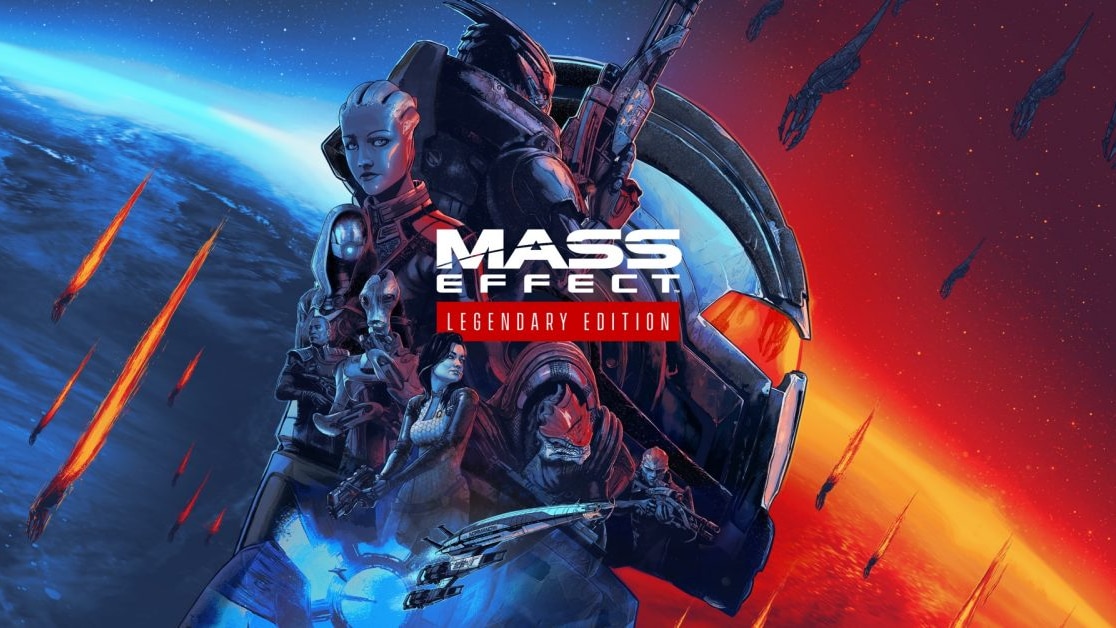 Official Mass Effect Legendary Edition key art showing the series' characters and aliens against a blue and red planet backdrop