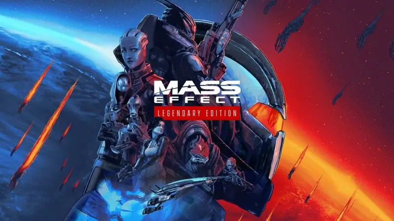 Official Mass Effect Legendary Edition key art showing the series' characters and aliens against a blue and red planet backdrop