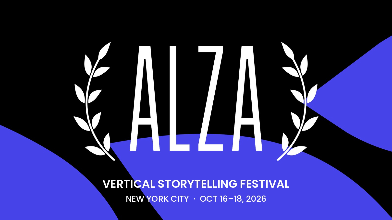 Alza festival logo in white laurel wreath on a black and indigo background with festival dates