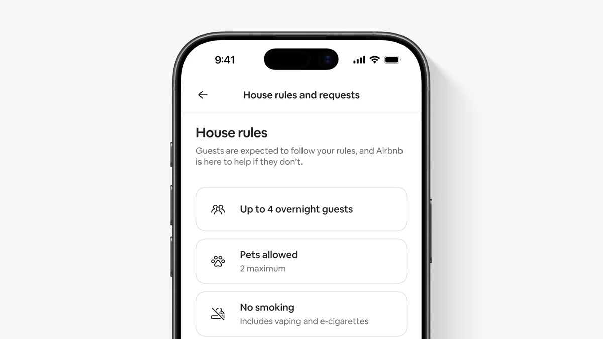A phone screen showing Airbnb's house rules and requests page, with limits on overnight guests, pets and smoking