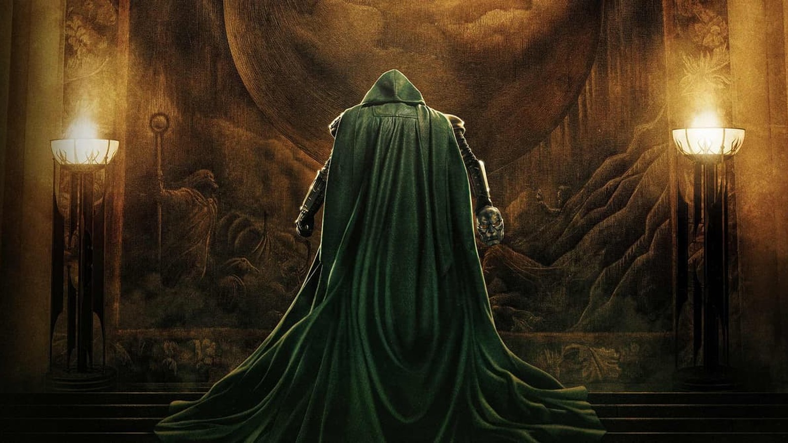 Official Avengers: Doomsday artwork showing a hooded figure in a green cloak facing a tapestry between two lit torches