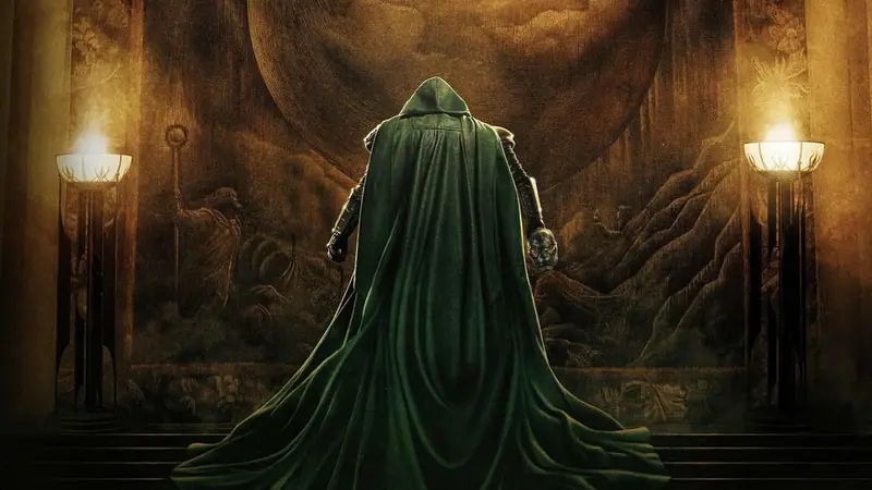 Official Avengers: Doomsday artwork showing a hooded figure in a green cloak facing a tapestry between two lit torches