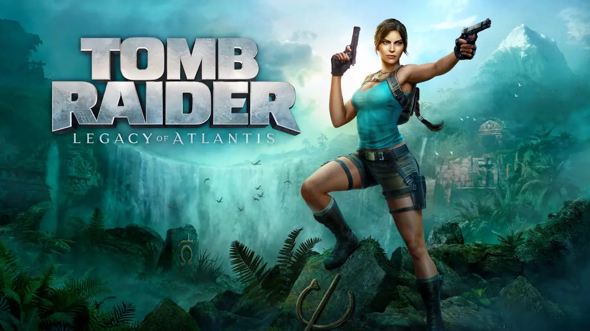 Key art for Tomb Raider: Legacy of Atlantis showing Lara Croft in her classic teal top and shorts, aiming two pistols in a jungle with a waterfall