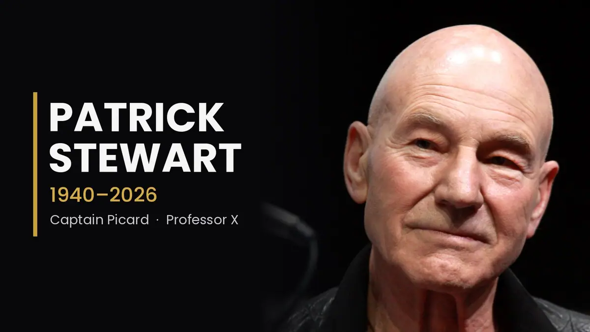 Close-up portrait of actor Patrick Stewart beside his name and the dates 1940 to 2026