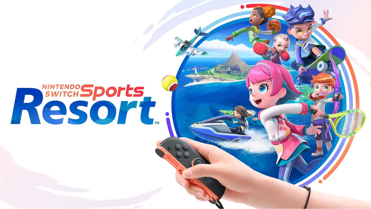 Official Nintendo Switch Sports Resort key art: the game logo beside colourful characters on Wuhu Island and a hand holding a Joy-Con