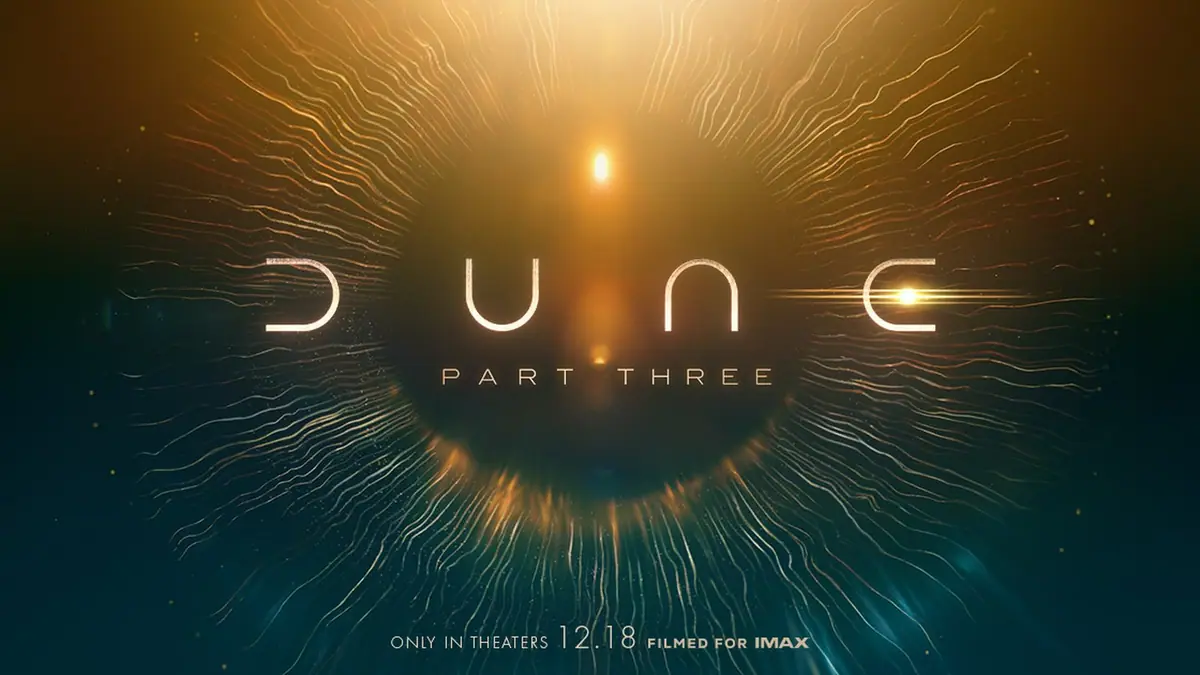 Dune: Part Three title art showing the film's name in a glowing golden eye-shaped burst of light, with the Dec. 18 release date below