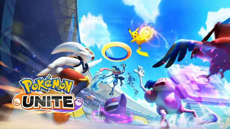 Pokémon Unite key art with Cinderace, Pikachu, Greninja, Gengar and Mr. Mime mid-match under a stadium sky