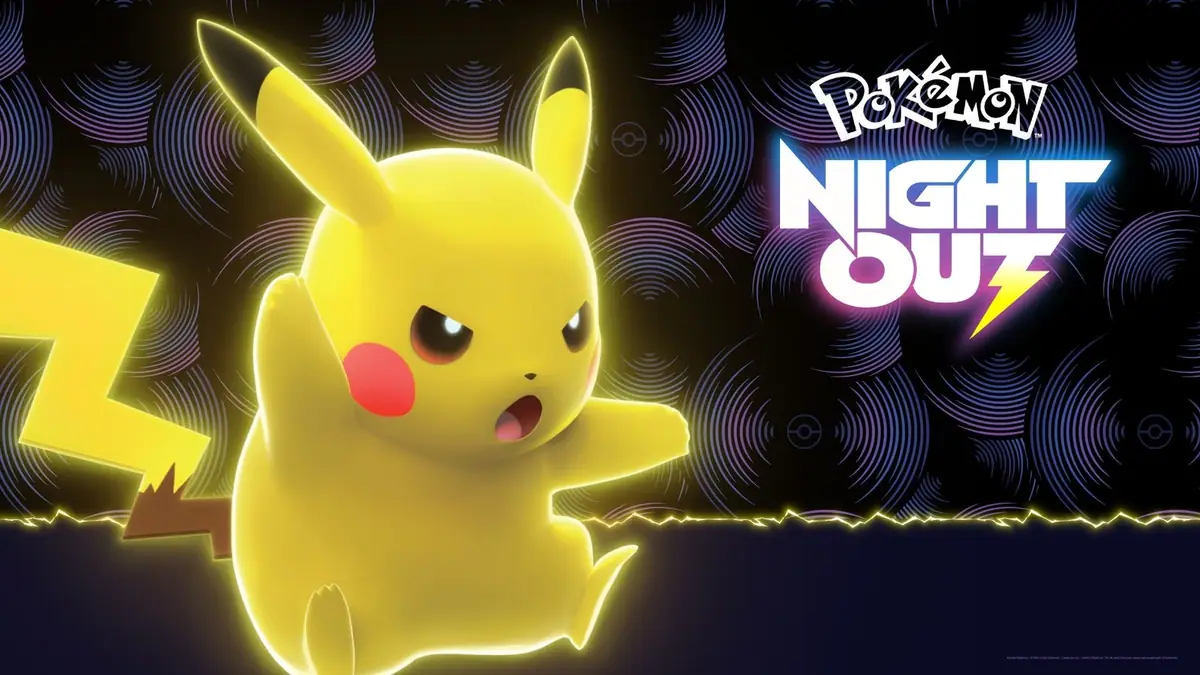 Pokémon Night Out key art with a glowing Pikachu beside the neon Pokémon Night Out logo on a dark background