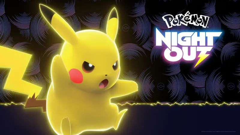 Pokémon Night Out key art with a glowing Pikachu beside the neon Pokémon Night Out logo on a dark background