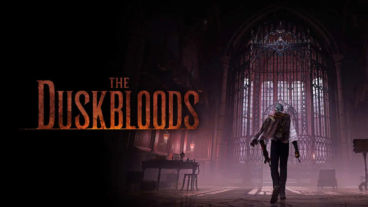 Key art for The Duskbloods showing a caped figure walking toward a huge gothic window in a dim hall, with the game's logo at left
