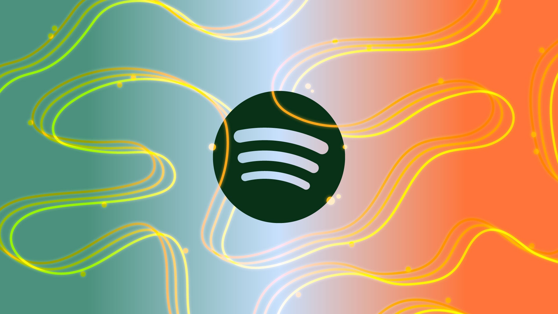 The Spotify logo in a dark green circle on a teal-to-orange gradient with glowing wavy lines