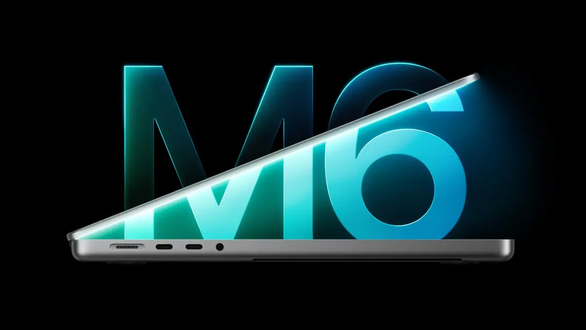 Apple's M6 promotional image: a space black MacBook Pro half open in front of a glowing teal M6 logo