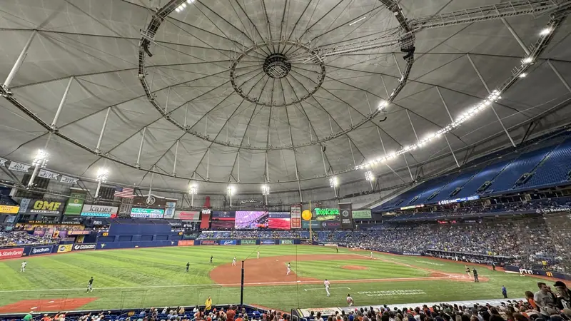 Wide view of the white roof and green field inside Tropicana Field in St. Petersburg, Florida, during a baseball game