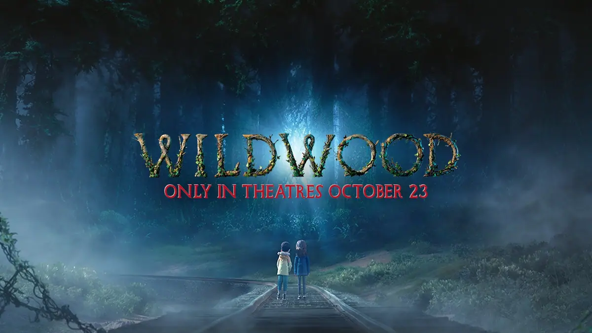Two children stand on a misty railway track looking into a glowing forest in the Wildwood film artwork