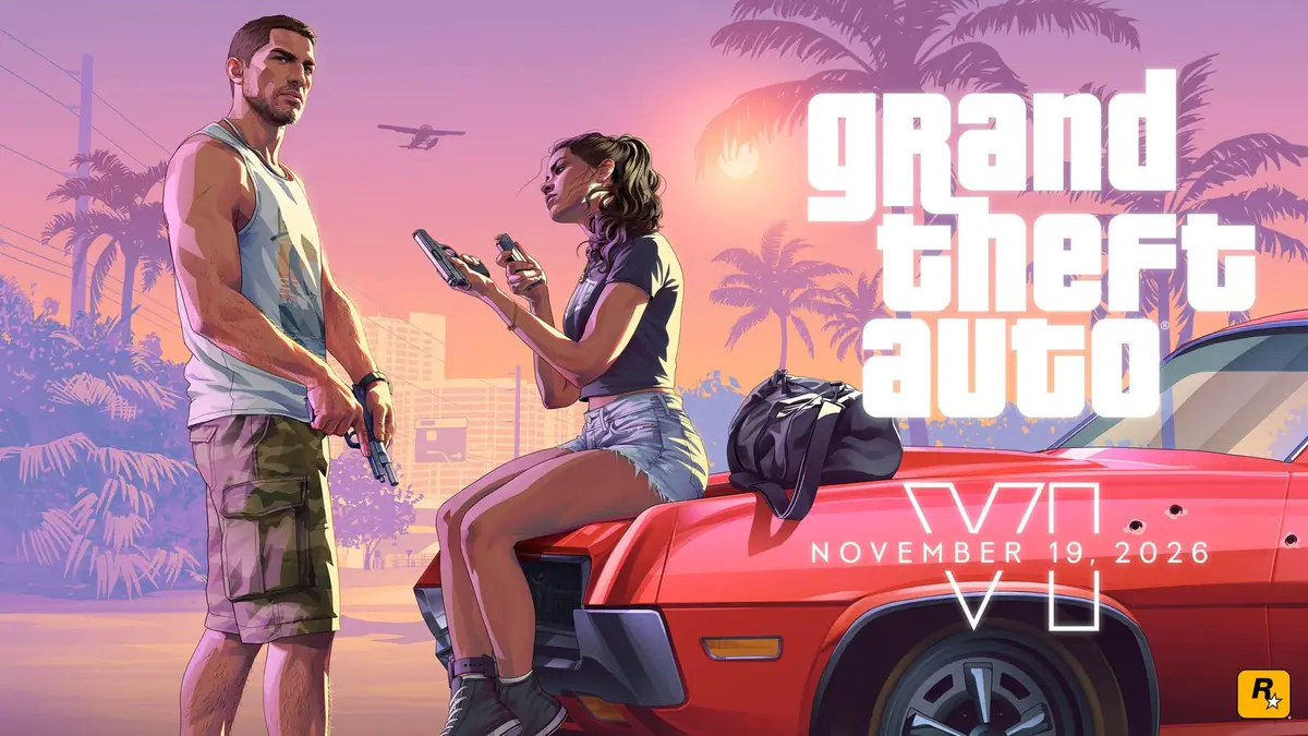 Official Grand Theft Auto VI artwork showing two lead characters beside a red car under palm trees, with the game's logo and a Nov. 19, 2026 date