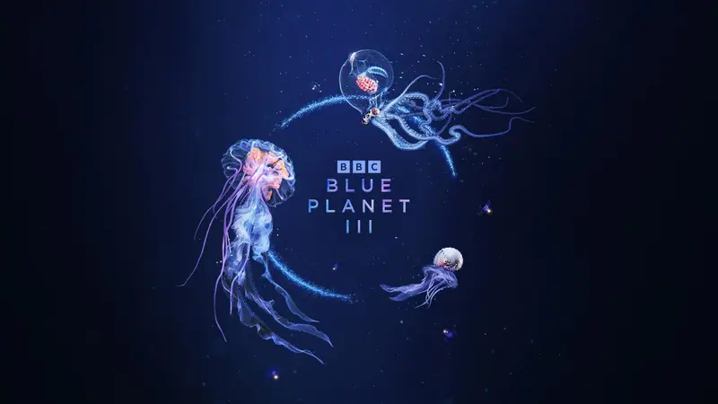 BBC Blue Planet III key art with glowing jellyfish and an octopus on a deep navy background