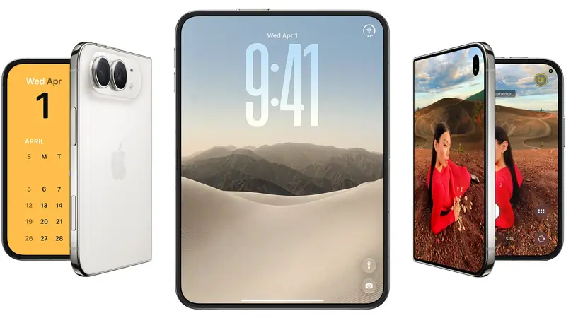 Apple's iPhone Duo foldable shown from the back, front and in use, with its lock screen and camera interface on display