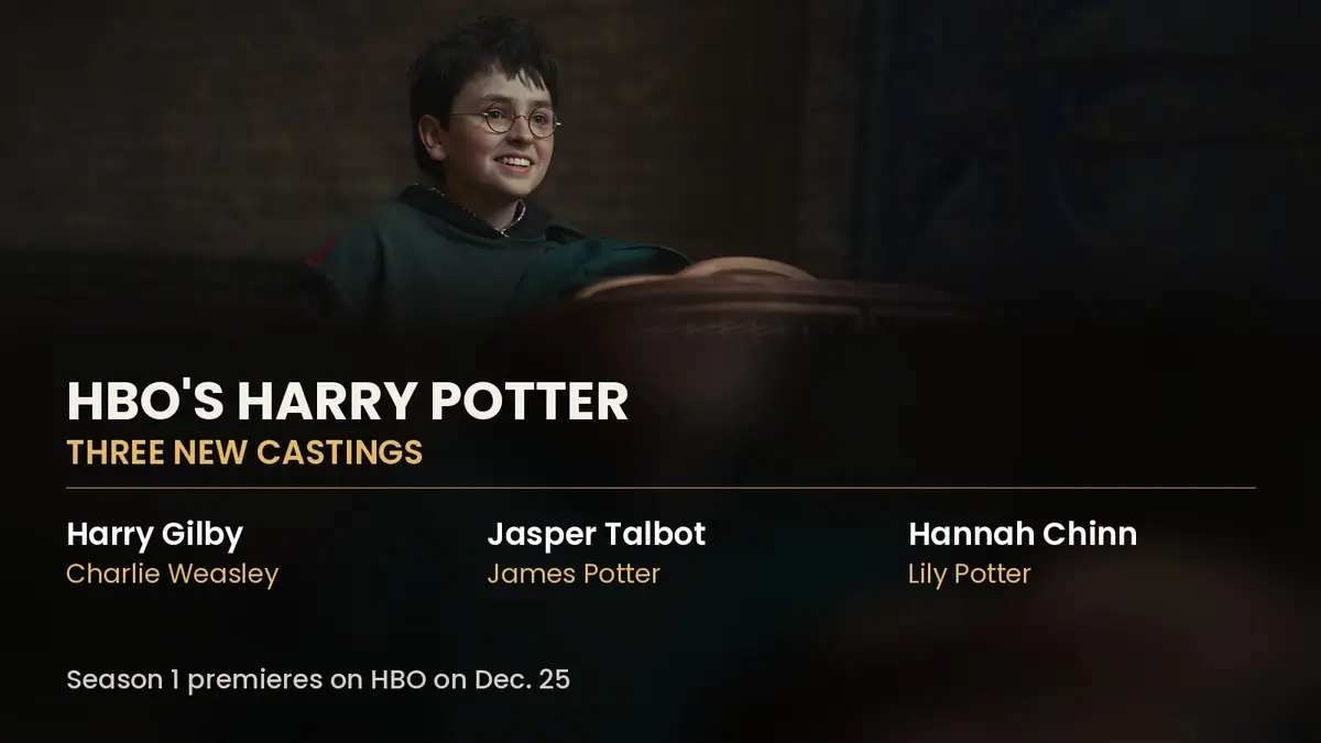 Harry Potter smiling beside an owl cage in an image from HBO's series, above text naming three new cast members