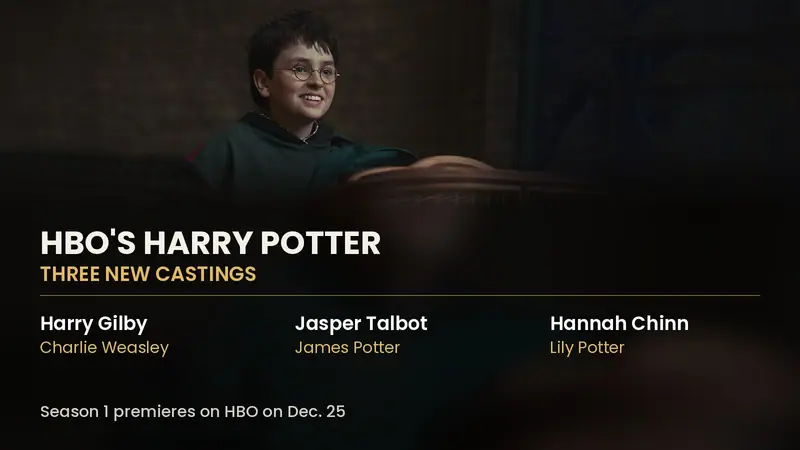 Harry Potter smiling beside an owl cage in an image from HBO's series, above text naming three new cast members