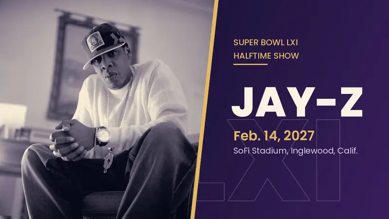 Black-and-white portrait of Jay-Z in a cap beside the text Super Bowl LXI Halftime Show, Feb. 14, 2027