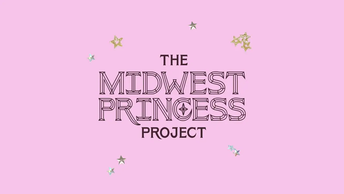 Official Midwest Princess Project artwork: the project name in decorative dark lettering on a pink background with gold and silver stars