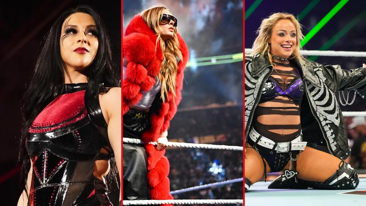 Three WWE women's wrestlers: Stephanie Vaquer, Becky Lynch in a red feather coat on the ropes, and Liv Morgan kneeling in the ring