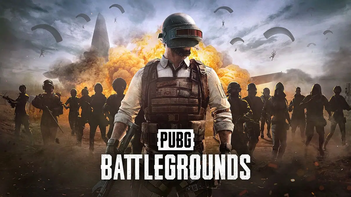 Official PUBG: Battlegrounds key art showing a helmeted soldier in front of a fiery explosion, with armed silhouettes and parachutes behind