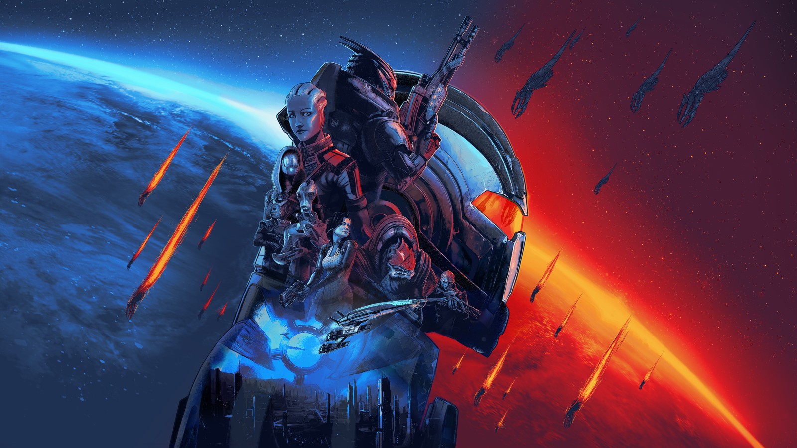 Mass Effect Legendary Edition key art showing the series' squad against a blue and red planet