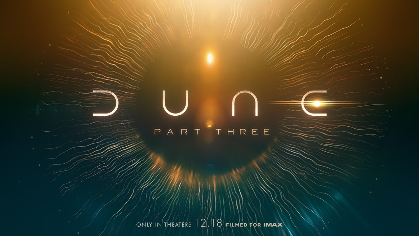 Official Dune: Part Three artwork showing the film's title inside a glowing golden ring, with the December 18 release date