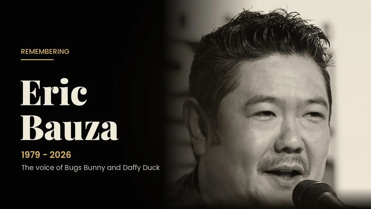 Black-and-white portrait of voice actor Eric Bauza beside the text Remembering Eric Bauza, 1979 to 2026