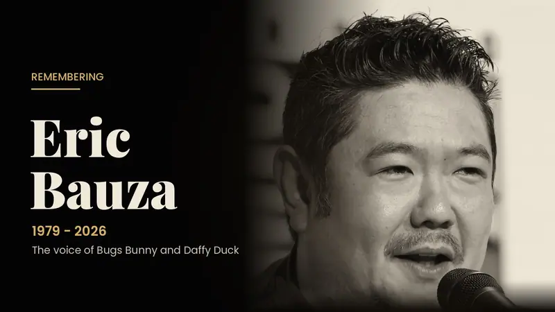 Black-and-white portrait of voice actor Eric Bauza beside the text Remembering Eric Bauza, 1979 to 2026