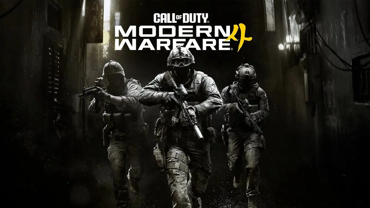 Official key art for Call of Duty: Modern Warfare 4 showing three armed operators advancing down a dark alley below the game logo