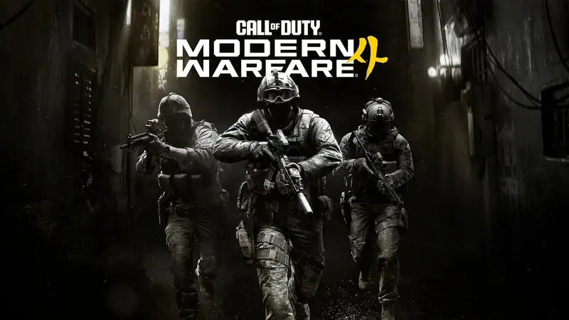 Official key art for Call of Duty: Modern Warfare 4 showing three armed operators advancing down a dark alley below the game logo