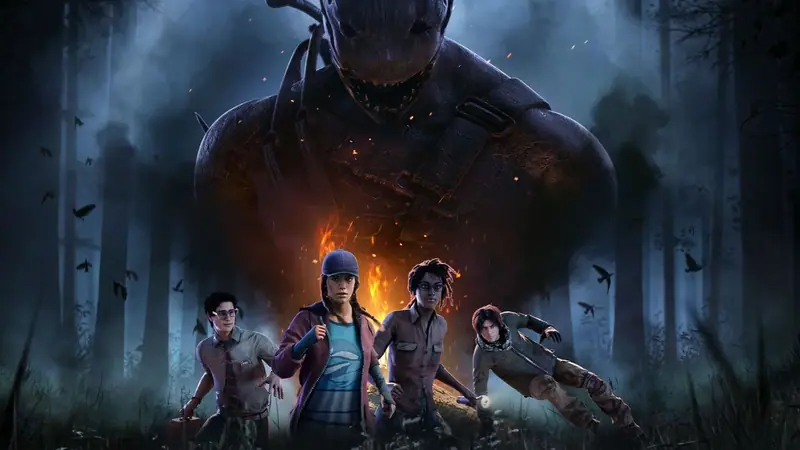 Official Dead by Daylight key art showing four survivors in a dark forest in front of a looming killer and a fire