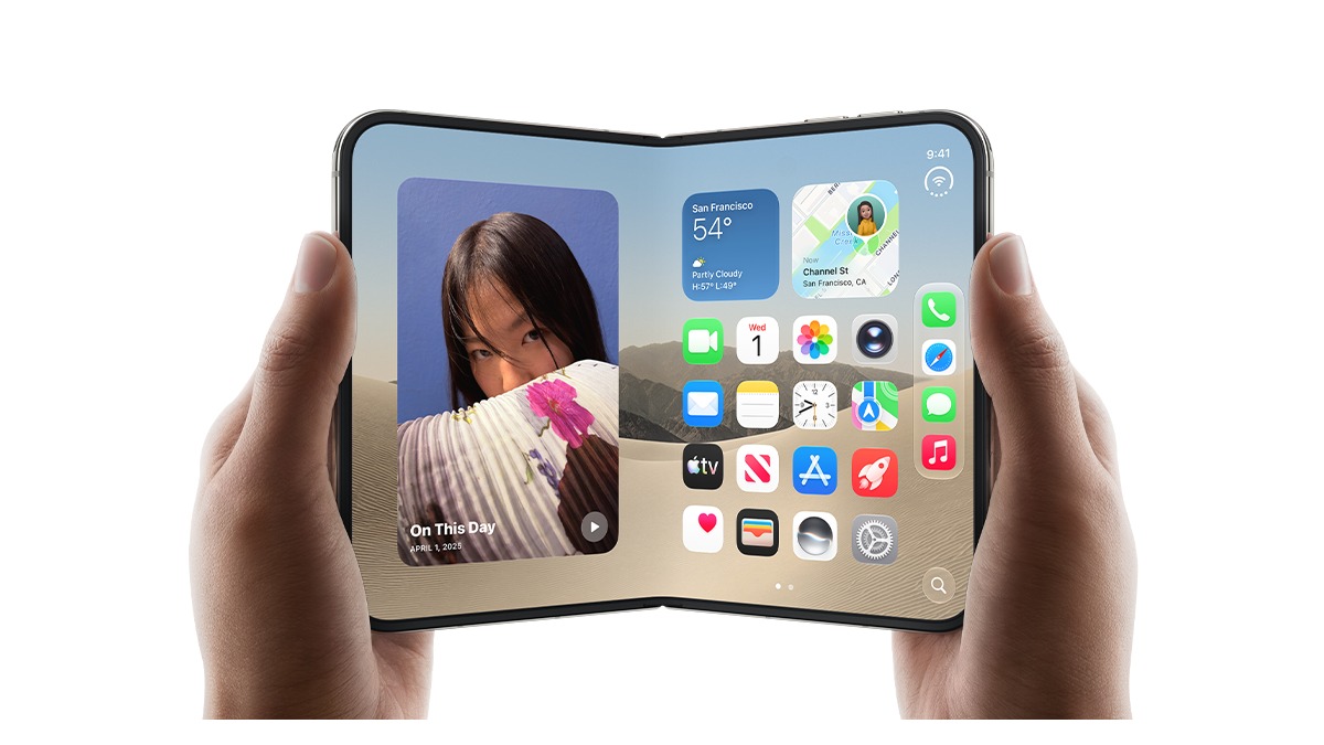 Apple iPhone Duo, the company's foldable iPhone, held open in two hands showing the home screen