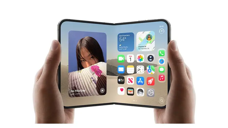 Apple iPhone Duo, the company's foldable iPhone, held open in two hands showing the home screen