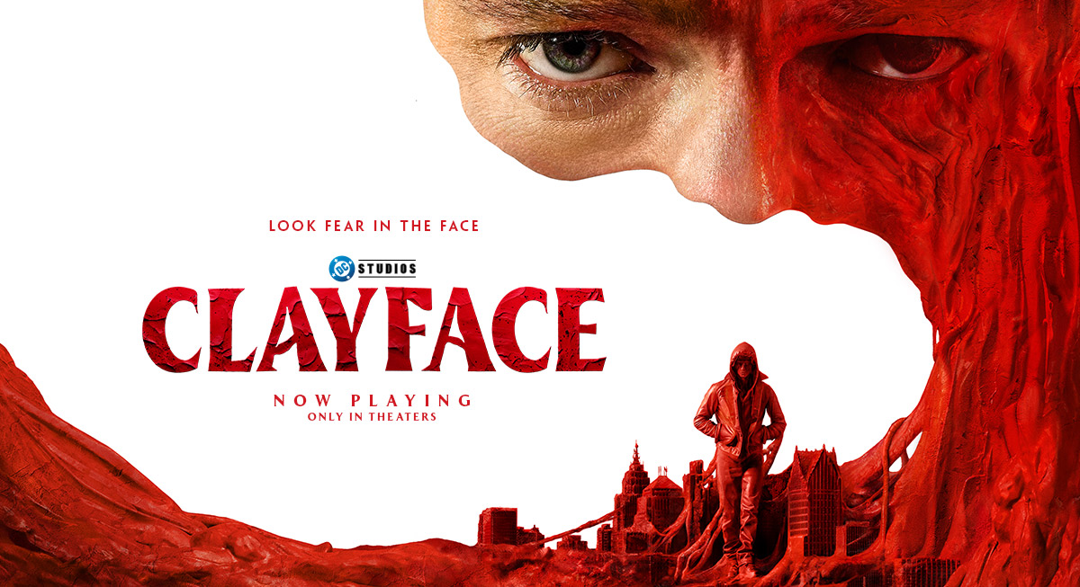 Poster art for Clayface from DC Studios, showing a red clay face above a city skyline