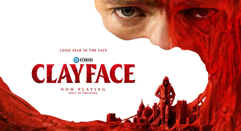 Poster art for Clayface from DC Studios, showing a red clay face above a city skyline