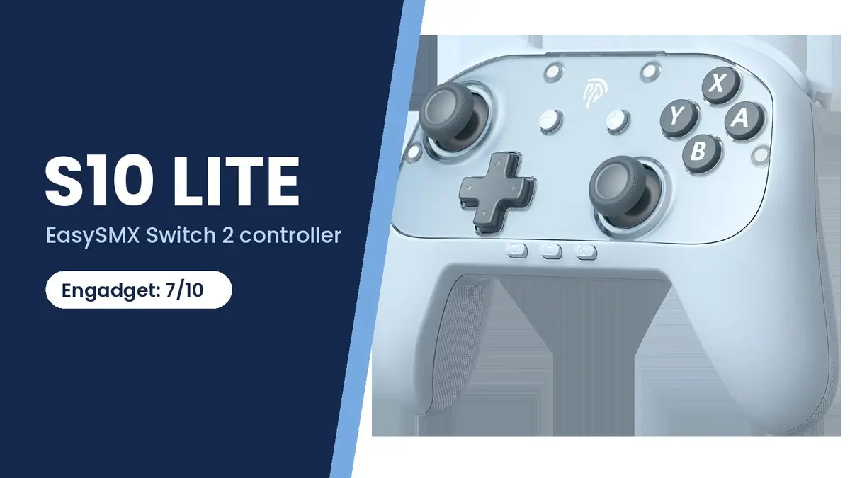 EasySMX S10 Lite Switch 2 controller in ice blue beside the text S10 Lite and Engadget: 7/10